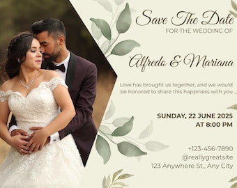 Invito di matrimonio "Save the Date" con acquerelli neutri sui toni del verde.
