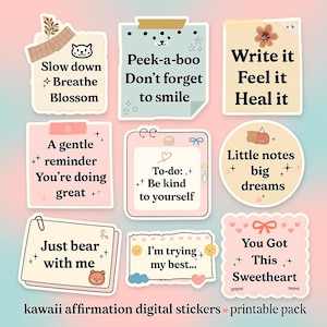 Positive Sticky Notes – Kawaii Digital Stickers – Printable Affirmations PNG
