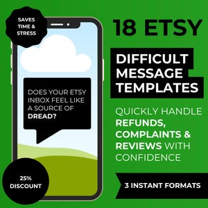 May include: A smartphone graphic advertises 18 Etsy message templates to handle refunds, complaints, and reviews. The phone displays a cloud graphic and the question: "Does your Etsy inbox feel like a source of dread?" A 25% discount is offered.