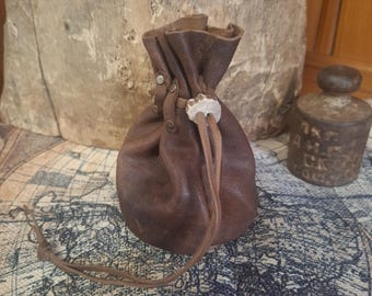 Handmade Viking Leather Pouch: Goat Leather Drawstring Bag with Antler Toggle