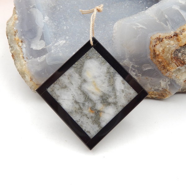 Drusy White Quartz With Pyrite, Obsidian Gemstone Intarsia Pendant, 39x39x5mm, 17.3g-P3591