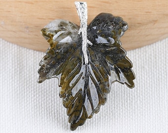 New Arrival! Natural Gemstone Ocean Jasper Handcarved Leaf Pendant, 925 Sterling Silver Pinch Bail, 49x37x8mm, 14.5g - BTF237