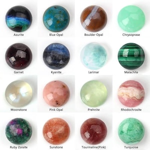 May include: Assortment of 16 polished gemstone cabochons, each with a unique colour and pattern. The gemstones include azurite, blue opal, boulder opal, chrysoprase, garnet, kyanite, larimar, malachite, moonstone, pink opal, prehnite, rhodochrosite, ruby zoisite, sunstone, tourmaline (pink), and turquoise.