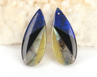 Wholesale Labradorite,Yellow Opal,Lapis Lazuli,Obsidian Intarsia Gemstone Earring Beads,38x16x5mm,8.8g-Z002