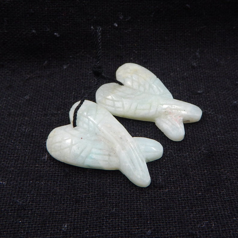 Carved Amazonite Wings Gemstone Earrings 30x20x4mm 7.4g-h9741