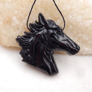 Carved Horse Head,Black Obsidian Horse Head Pendant,39x43x9mm,22.8g