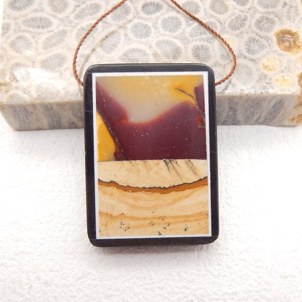 New Mookaite Jasper, Picture Jasper, Obsidian Intarsia Gemstone Pendant, Handmade Pendant, 35x25x6mm, 12.3g-W13287