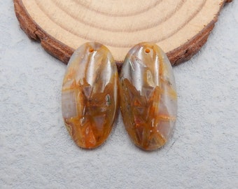 Natural Bamboo Agate Flatback Oval Earrings Bead, Drilled Cabochon Pair, 28x15x4mm, 5.1g-k4851