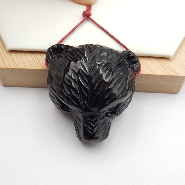 New!! Hand Carved Obsidian Bear Head Gemstone Pendant,Gemstone Animal, 42x40x21mm, 37.8g