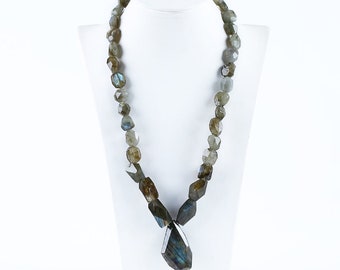 Natural Labradorite Faceted Pendant Gemstone Necklaces, Labradorite Gemstone Necklaces, 13x11x7mm, 23x15x15mm, 20 inch, 95.7g-JJ558