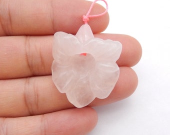 Handmade Carved Rose Quartz Flower Gemstone Pendant Bead, 30x25x12mm, 7.4g-W26737