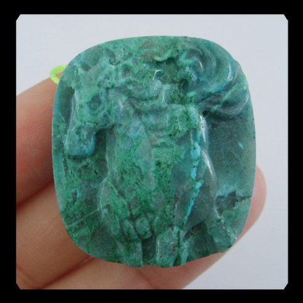 Carved Chrysocolla Horse Pendant Bead,FOCAL,32x29x8mm,14.56g