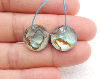 Flash Abalone Shell And White Quartz Intarsia Faceted Round Gemstone Earring, 13x5mm, 2.7g-C2163