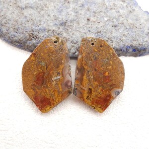 New Nugget Warring States Red Agate Gemstone Earrings, Drilled Gemstone Pair, 36x24x3mm, 10.7g-W20743