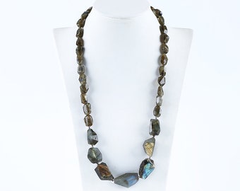 Natural Labradorite Faceted Pendant Gemstone Necklaces, Labradorite Gemstone Necklaces, 28x16x14mm, 13x9x6mm, 21 inch, 68.5g-JJ559