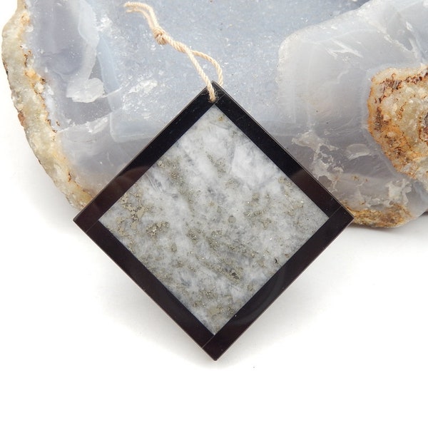 Drusy White Quartz With Pyrite, Obsidian Gemstone Intarsia Pendant, 39x39x5mm, 16.5g-P3592
