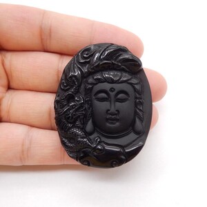 Collier tête de bouddha en obsidienne sculptée, pierres précieuses, pendentif perle, 48 x 40 x 9 mm, 22,5 g-C169