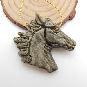 Carved Horse Head, Gold Obsidian Horse Head Pendant, 38x41x10mm, 20.2g