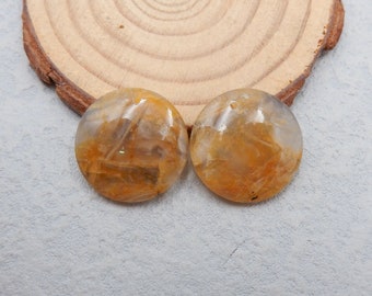 Natural Bamboo Agate Flatback Round Earrings Bead, Drilled Cabochon Pair, 20x4mm, 6g-k4852