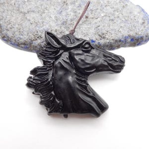 Carved Horse Head,Black Obsidian Horse Head Center Drilled Pendant, 38x42x9mm,24.8g-W15386