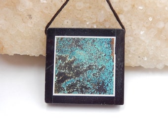 Turquoise,Obsidian Side Drilled Gemstone Intarsia Pendant, 30x29x5mm, 10.2g-k5029