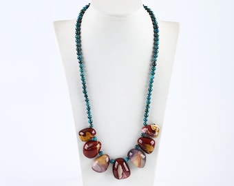 New Arrival! Chrysocolla Round Beads Necklace, Mookaite Jasper Gemstone Pendant, 1 Strand, 20.5 inch, 72.7g-JJ651