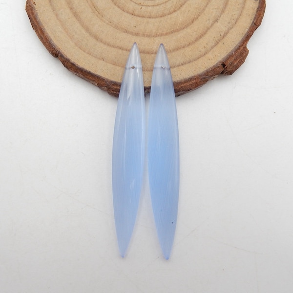 Blue Cymophane Gemstone Earrings, Marquise Dangle Earrings, 55x8x4mm, 5.8g