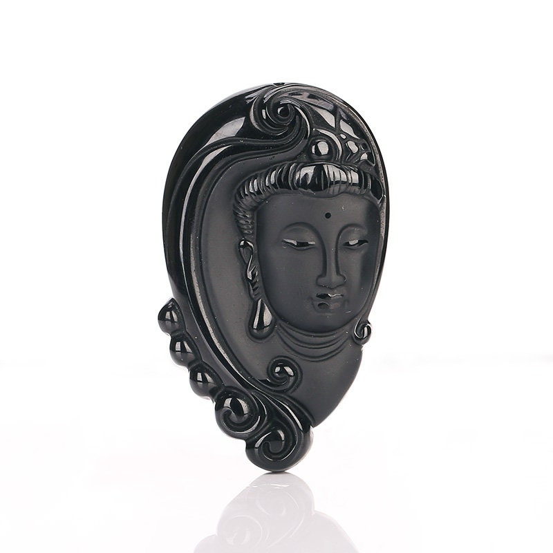 彫刻された黒曜石　装飾品 彫刻された黒曜石の仏頭宝石ネックレス、ペンダントビーズ、54x32x12mm