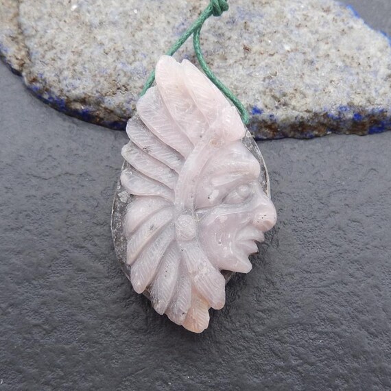 Hand Carved Pink Opal Gemstone Indian Head Gemstone Pendant
