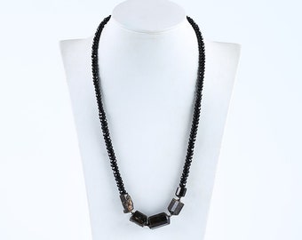 New Arrival! Natural Black Onyx Beads Gemstone Necklace, Yellow Tourmaline Gemstone Pendant, 1 Strand, 18.9 inch, 32g-JJ640