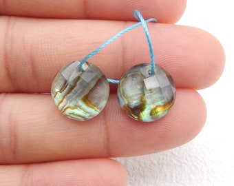Flash Abalone Shell And White Quartz Intarsia Faceted Round Gemstone Earring, 11x5mm, 2g-C2162