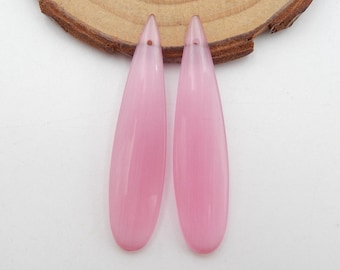 Pink Cymophane Gemstone Earrings, Teardrop Dangle Earrings, 42x10x4mm, 5.5g