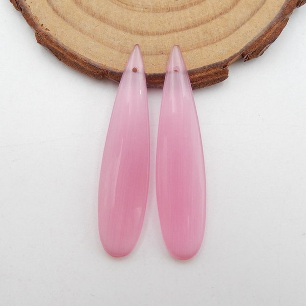 Pink Cymophane Gemstone Earrings, Teardrop Dangle Earrings, 42x10x4mm, 5.5g