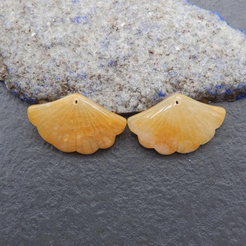 New Natural Yellow Jade Carved Ginko Leaf Gemstone Earrings, 18x30x4mm, 6.2g-W19546
