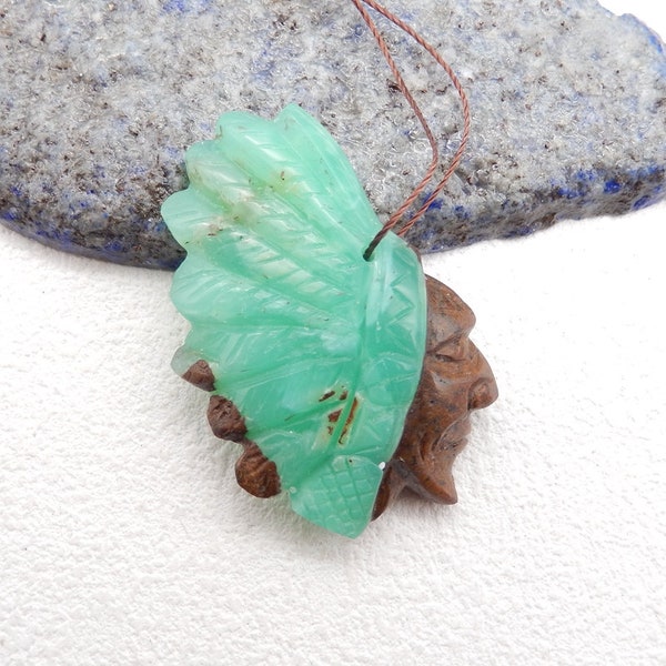 Carved Natural Chrysoprase Gemstone Indian Head Pendant, 45x35x10mm, 17.3g-W13124