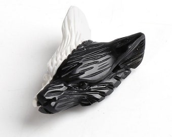 Handmade Carved Howlite and Obsidian Intarsia Wolf Pendant,35x25x12mm,11g