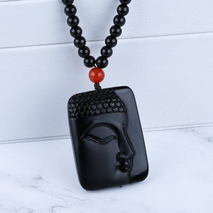 Nouveau design ! Collier pendentif bouddha sculpté en pierres précieuses d&#39;obsidienne, perles d&#39;agate rouge, 48x36x10 mm, 65 g, 60 cm-JJ285