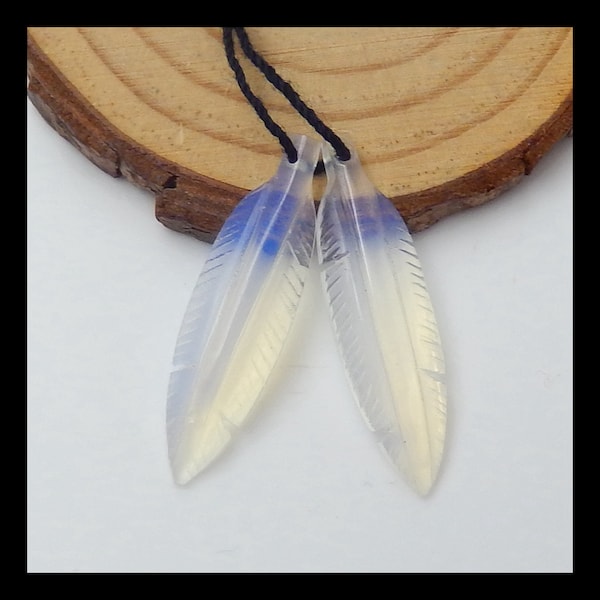 Hand Carved Opalite Feather Earrings,Natural Stone,33x8x3mm,3.0g