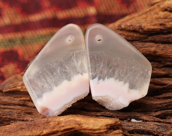 New Natural Drusy  Quartz  Gemstone Earring Pairs, Agate and White Crystal,With wavy white stripes,22x15x5mm, 5g-Q120