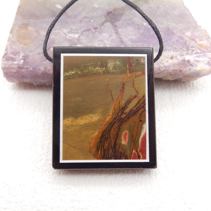 Natural Multi-Color Picasso Jasper, Obsidian Rectangle Gemstone Intarsia Pendant, 35x30x6mm, 17.4g-W18530