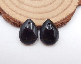 Obsidian Flatback Teardrop Earrings Bead, Drilled Cabochon Pair, 16x12x5mm, 2.7g