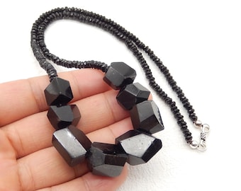 New Arrival! Natural Black Agate Beads Gemstone Necklace, Black Tourmaline Faceted Pendant, 1 Strand, 20 inch, 41.5g-JJ556