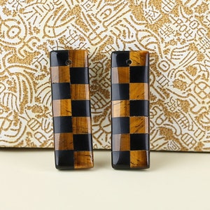 Natural Obsidian and Tiger Eye Intarsia Gemstone Earrings, 26x8.5x4mm, 3.8g
