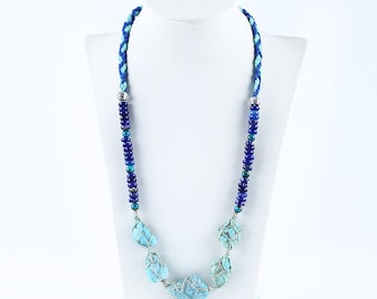 New Arrival!Hand-woven, Sleeping Beauty Turquoise, Lapis Lazuli, Chrysocolla Gemstone Necklace,Adjustable Necklace,28 inch,32.8g-JJ555