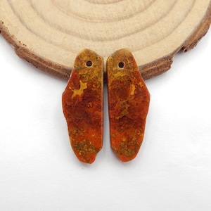 New Nugget Warring States Red Agate Gemstone Earrings, Drilled Gemstone Pair, 28x11x3mm, 3.5g-W5670