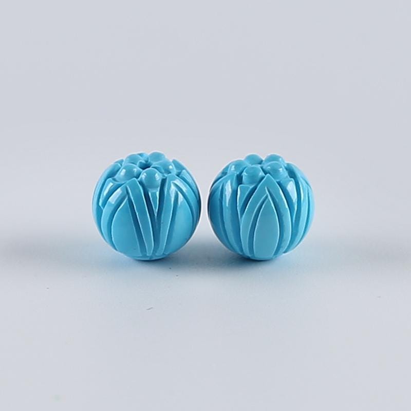 New 1 Pair Carved Turquoise Round Gemstone Earring Beads, Popular Gemstone Flower Pair, Handmade Gemstone Wholesale, 8mm, 1.3g - BTF373