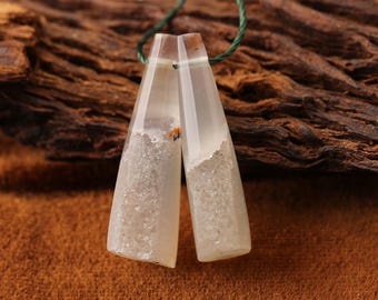 New Natural Drusy  Quartz  Gemstone Earring Pairs, Agate and White Crystal,With wavy white stripes,28x10x8.5mm, 5.7g-W27708