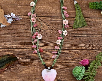 Argentina Rhodochrosite Adjustable Necklace with Pink Opal Heart Pendant, Jewelry Necklace, 1 Strand, 19 inch, 47g-JJ318