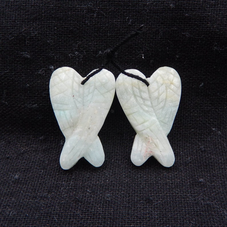 Carved Amazonite Wings Gemstone Earrings 30x20x4mm 7.4g-h9741