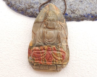 Carved Multi-color Picasso Jasper Gemstone Buddha  Pendant Bead , 51x32x8mm,20.6g-W12964